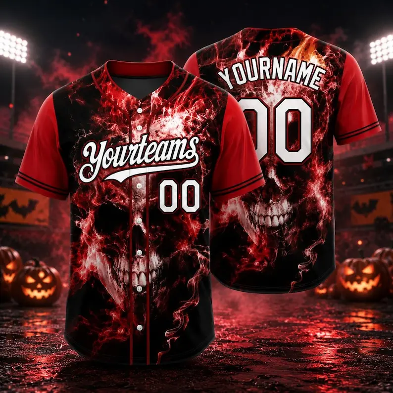 Personalized Red Skull Baseball Jersey, Custom Gothic Horror Team Shirt