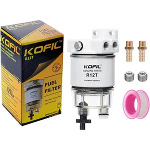Fuel Water Separator Marine Fuel Filter Assembly for Outboard Motor Marine Engine, Replaces# S3240 120AT, 10 Micron with 2 3/8" Barb × 1/4" NPT Male Fittings 2 Plugs