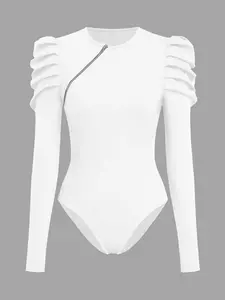 Women's Solid Color Long-Sleeved Half-Zipper Jumpsuit Stylish & Practical Design Tight-Fitting Spliced Onesie for Daily Wear Casual Fashion Spring & Autumn