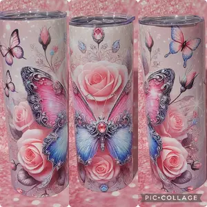 Butterfly 20oz Stainless Steel Sublimated Tumbler with Sliding Lid & Reusable Straw for Hot Cold Drinks Stylish Drinkware - Bottle