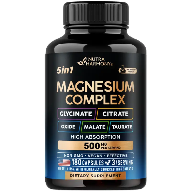 NUTRAHARMONY 5-in-1 Magnesium Complex 500 mg for Sleep Support, Muscle & Heart Health - Made in USA