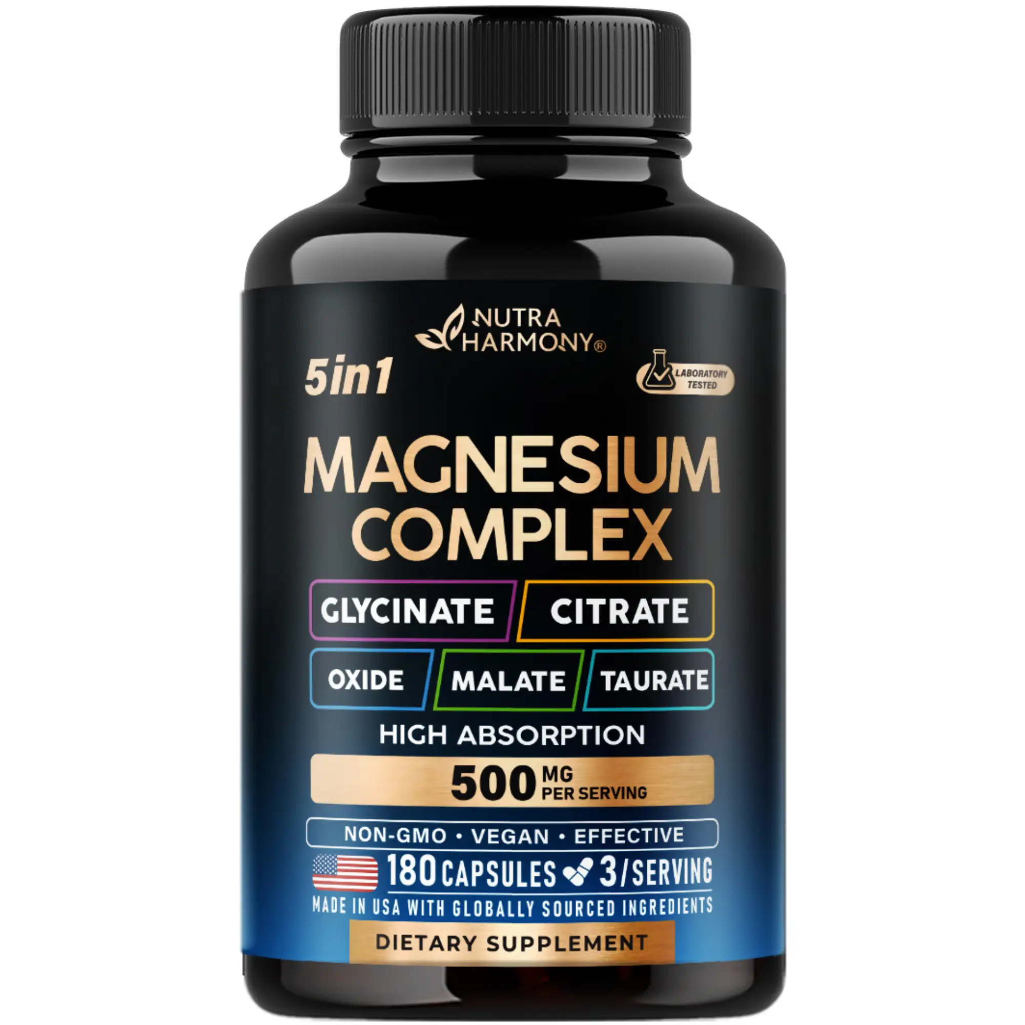 Magnesium Supplement Complex 5 in 1 - Glycinate, Citrate, Malate, Taurate, Oxide for Energy - Made in USA - Vegan, Natural, Non-GMO - 180 Capsules