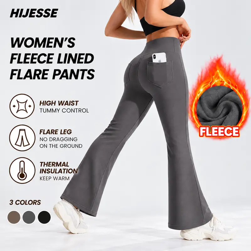 HIJESSE Women's Fleece-Lined Flared Leggings - High Waist Smooth Supportive Fit with Back Pocket for Phone - 3 Colors Available - Soft Warmth for Winter