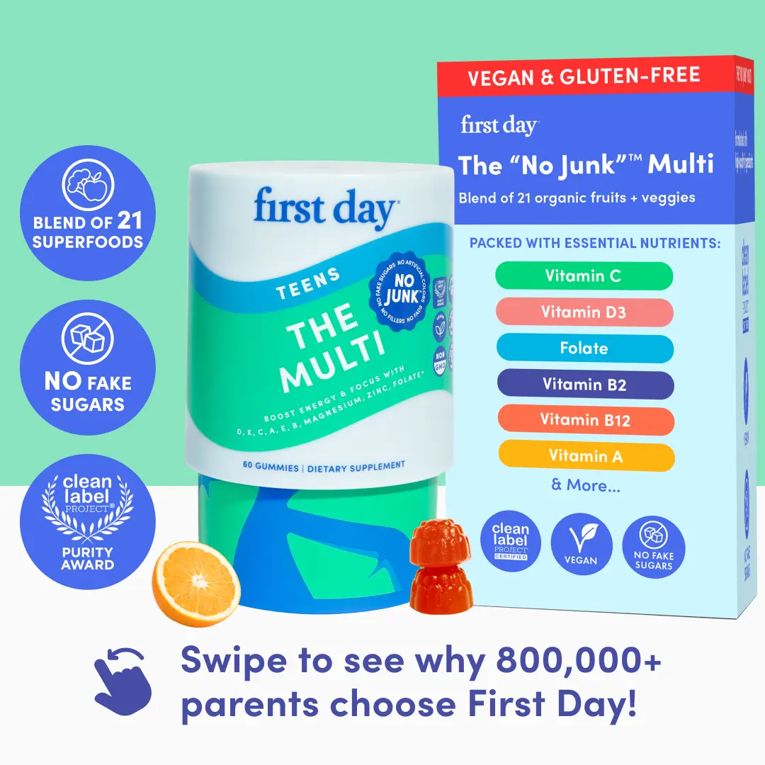 First Day Teen Multivitamin Gummies Ages 13-17, Natural Orange Flavor - 21 Organic Superfoods, Vitamin C D3 B12 Magnesium Zinc - Focus, Mood, Immunity, Energy, Clear Skin - 30-Day Supply, Vegan, Gluten-Free, No Junk