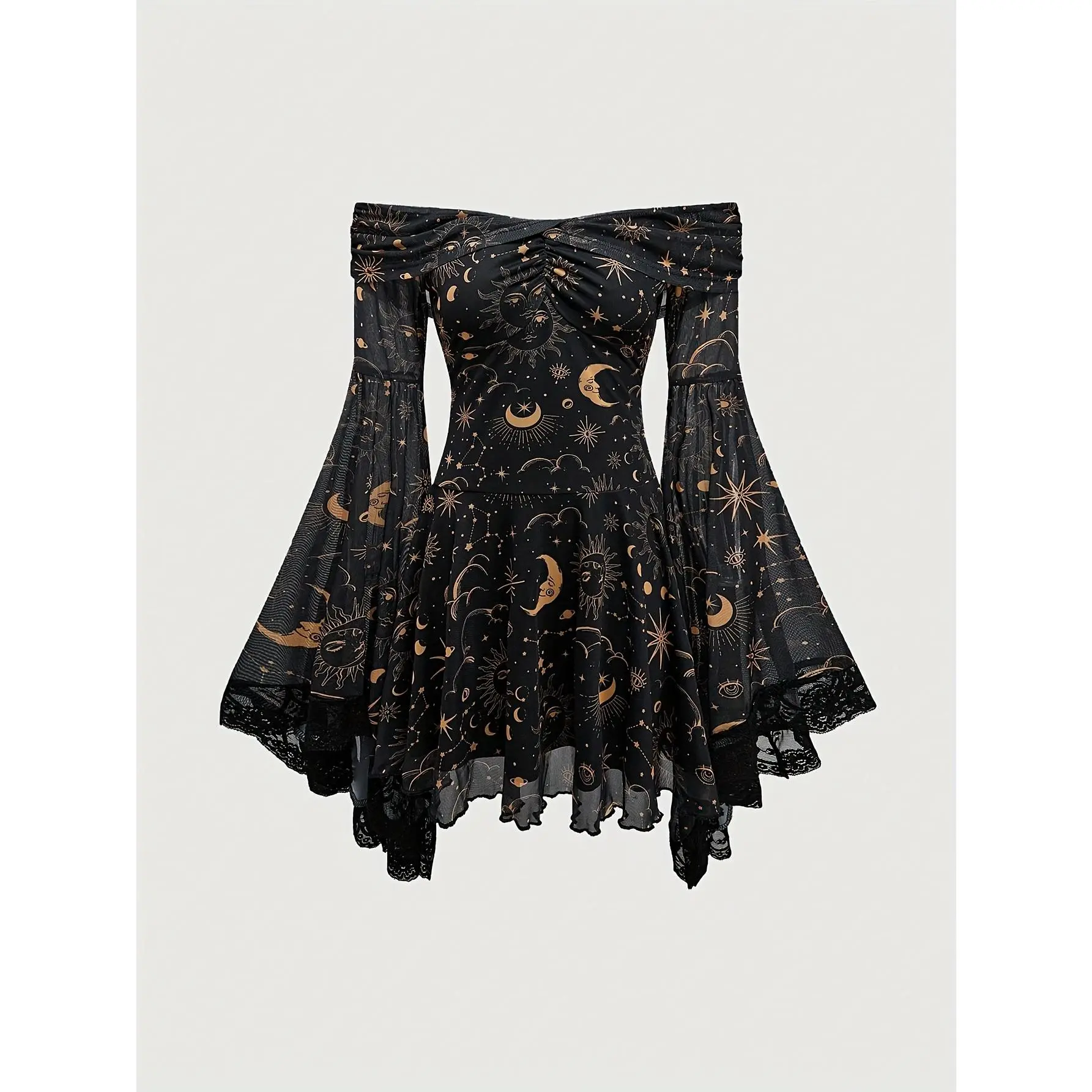Gothic Semi-Sheer -Line Dress with Off-Shoulder/ Neck, Bell Sleeves & Star & /Moon Print - Lace Sleeve Suitable for Weddings, Parties, Year-Round Wear - Elegant Special Line Dress - TikTok Shop Gothic Semi-Sheer -Line Dress with Off-Shoulder/ Neck, Bell Sleeves & Star & /Moon Print - Lace Sleeve Suitable for Weddings, Parties, Year-Round Wear - Elegant Special Line Dress - TikTok Shop