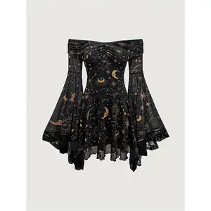 Women's Gothic Semi-Sheer Line Formal Dress - Off-Shoulder Neck, Bell Lace Sleeves, Star & Moon Print - Formal Wear, Artistic Classy Dark Party Dresses for Weddings, Year-Round Wear