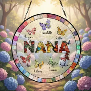 Personalized Nana Glass Suncatcher, Mother's Day Gift for Grandma, Custom Butterfly & Birth Month Flower with Grandkids’ Names, Mom Gifts