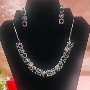 Silver Plated Choker Necklace Set American Diamond Multicolor Stone Jewelry