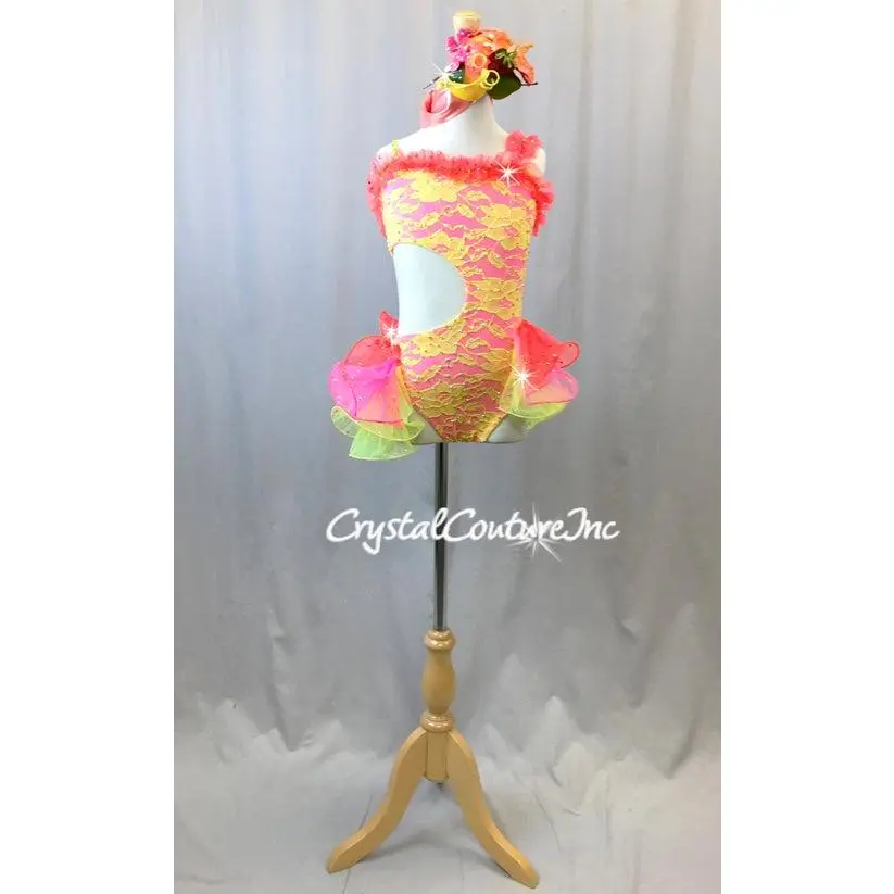 Custom Bright Yellow Lace & Hot Pink Leotard with Tiered Skirt - Swarovski Rhinestones