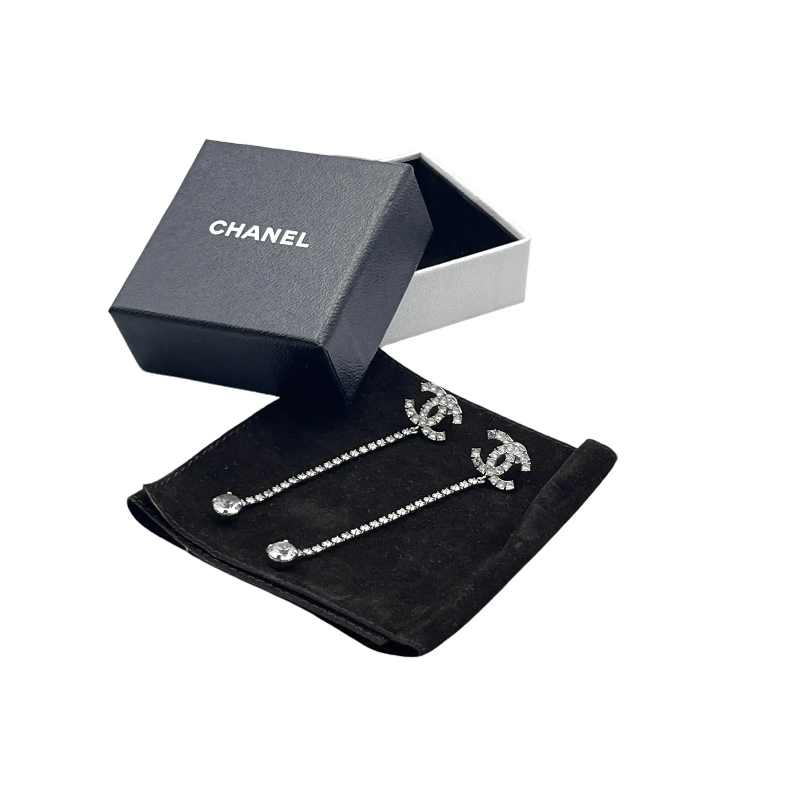 Pre-owned H1 CHANEL Double C Long Dangle Earrings, Fully Set with Rhinestones, Vintage Silver, vvvvv