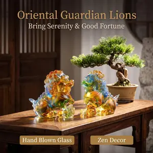 Krystal  100% Hand Blown Liuli Fu Lion Statue Set - Colorful Gradient Art Glass, Traditional Chinese Guardian Lions, Feng Shui Home Office Decor, Oriental Gift Ornament