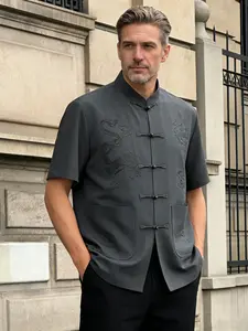 Men's Summer Casual Vintage Tang Costume, Traditional Dragon Embroidered Shirt, Short Sleeve Loose Fit Mandarin Collar Blouse