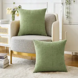 Pack of 2 Soft Sage Green Chenille Pillow Covers 18x18 Inch Spring Decorative Pillowcases for Sofa Living Room Solid Dyed Cozy Pillowcases