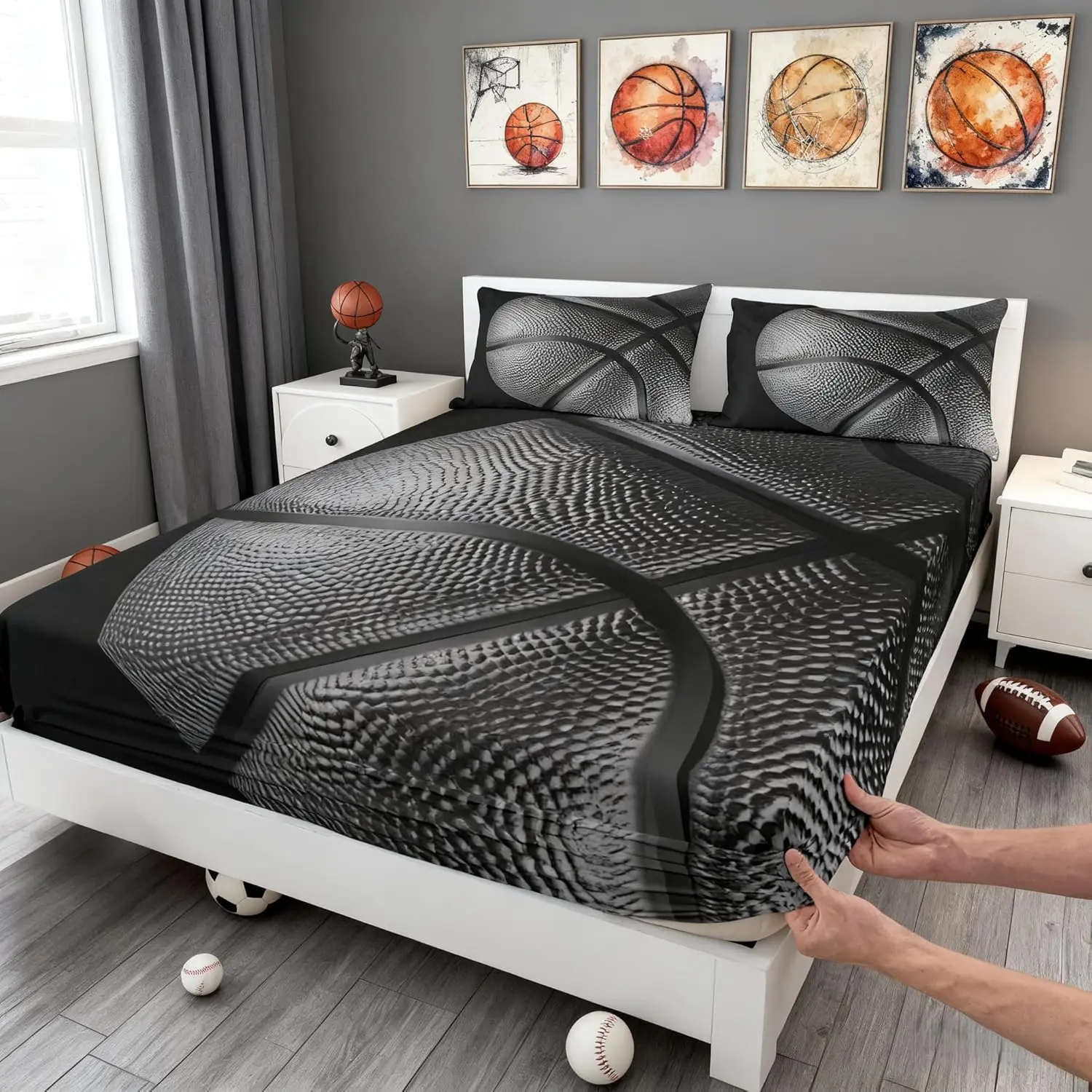 Black Basketball Games Fitted Sheet,3D Sports Collections Basketball Gaming Theme,Soft Decorative Fabric Bedding Deep Pocket Young