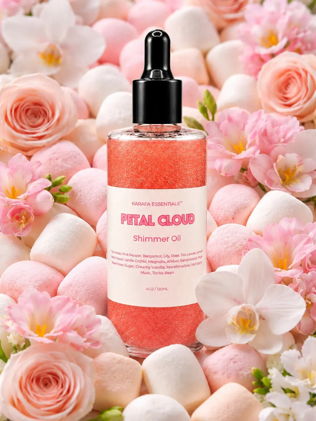 Petal Cloud Moisturizing Body Oil with Pink Pepper, Bergamot, Lily, Rose, Tea Leaves, Jasmine, Vanilla Orchid, Magnolia, Amber, Sandalwood, Patchouli, Spun Sugar, Creamy Vanilla, Marshmallow, Meringue, Musk,Tonka Bean for Radiant Skin by Karafa Essentials