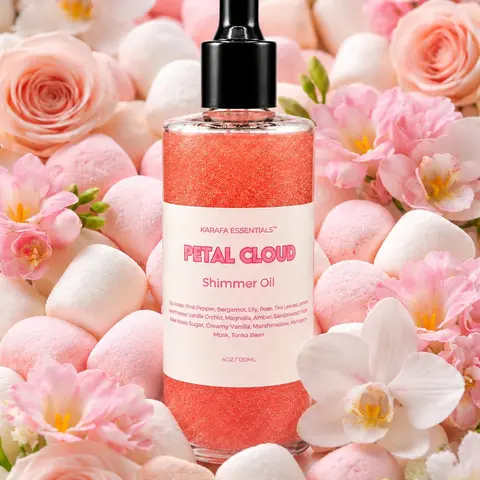 Petal Cloud Moisturizing Body Oil with Pink Pepper, Bergamot, Lily, Rose, Tea Leaves, Jasmine, Vanilla Orchid, Magnolia, Amber, Sandalwood, Patchouli, Spun Sugar, Creamy Vanilla, Marshmallow, Meringue, Musk,Tonka Bean for Radiant Skin by Karafa Essentials