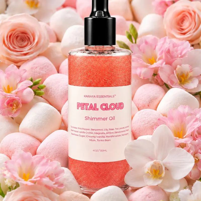 Petal Cloud Moisturizing Body Oil with Pink Pepper, Bergamot, Lily, Rose, Tea Leaves, Jasmine, Vanilla Orchid, Magnolia, Amber, Sandalwood, Patchouli, Spun Sugar, Creamy Vanilla, Marshmallow, Meringue, Musk,Tonka Bean for Radiant Skin by Karafa Essentials