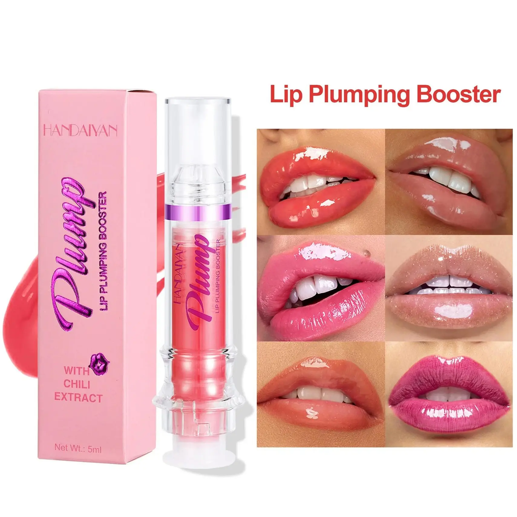 HANDAIYAN Lip Plumping Booster with Chili Extract - 5ml Ultra-Hydrating & Nourishing Glossy Finish Lip Glow Oil for Fuller Lips Instantly