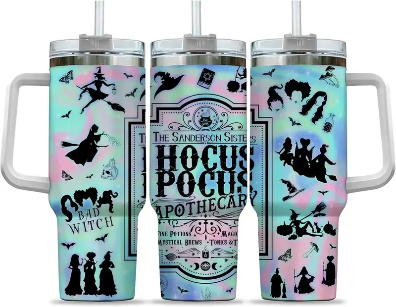 Hocus Pocus Sanderson Sisters 40oz Tumbler, Halloween Witch Apothecary Quencher Cup, Spooky Pastel Stainless Steel Travel Mug With Handle & Straw, Bad Witch Gift for Hocus Pocus Fans