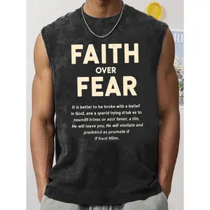 2026 Popular Belief Conquers Fear Print, Religious Belief Style Men's Washed Tank Top, Street Cool Men's Washed Tank Top Fashion Trend New Style, Versatile Casual, Machine Washable and Hand Washable 100% Cotton
