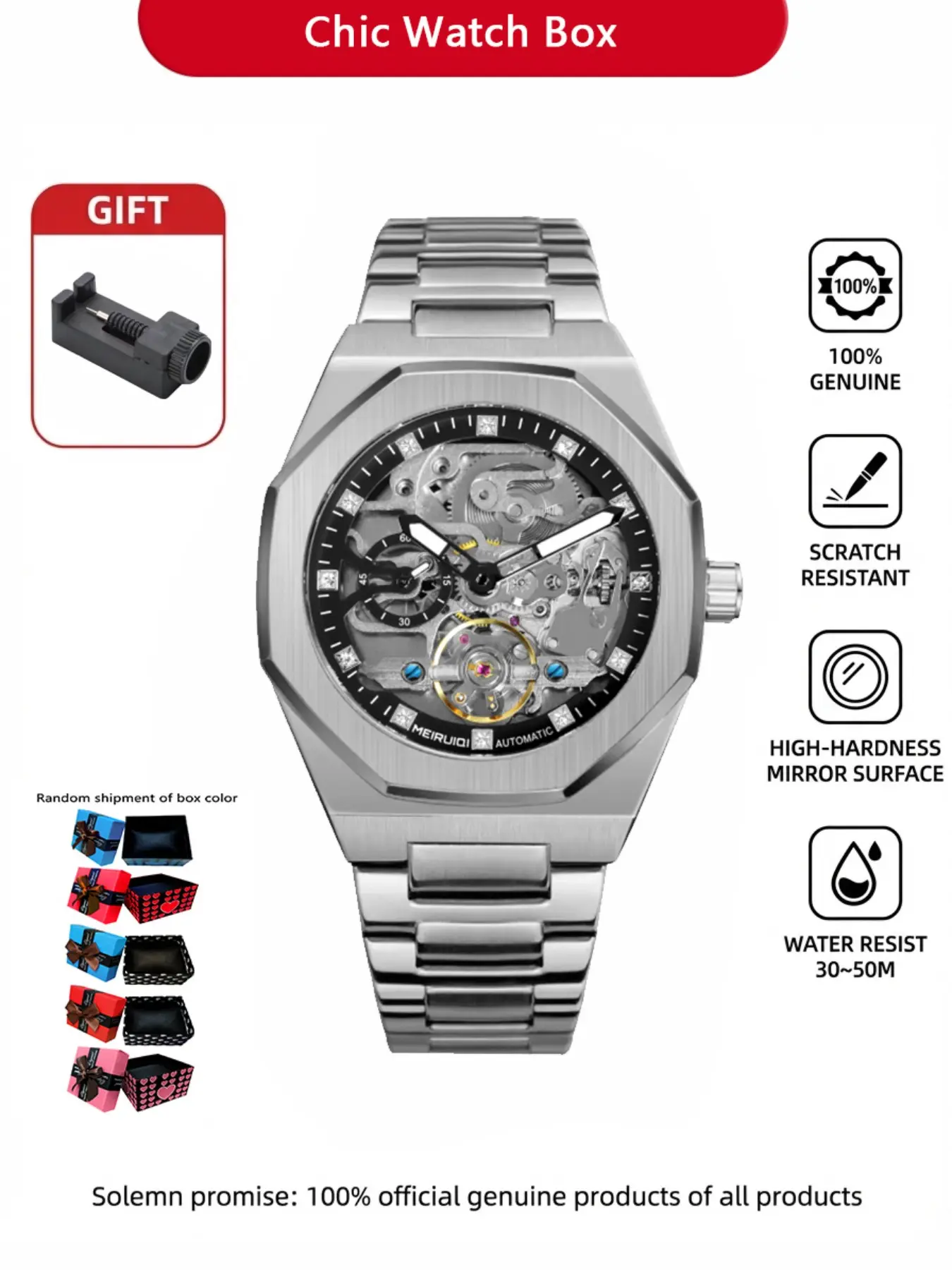 Luxurious Silver Color Mechanical Watch, Hollow Dial Reveals Precision Gear, Octagonal Stainless Steel Case, Durable Silver Band, Water Resistant Watch