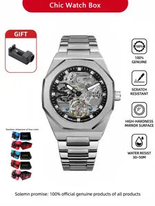 Luxurious Silver Color Mechanical Watch, Hollow Dial Reveals Precision Gear, Octagonal Stainless Steel Case, Durable Silver Band, Water Resistant Watch