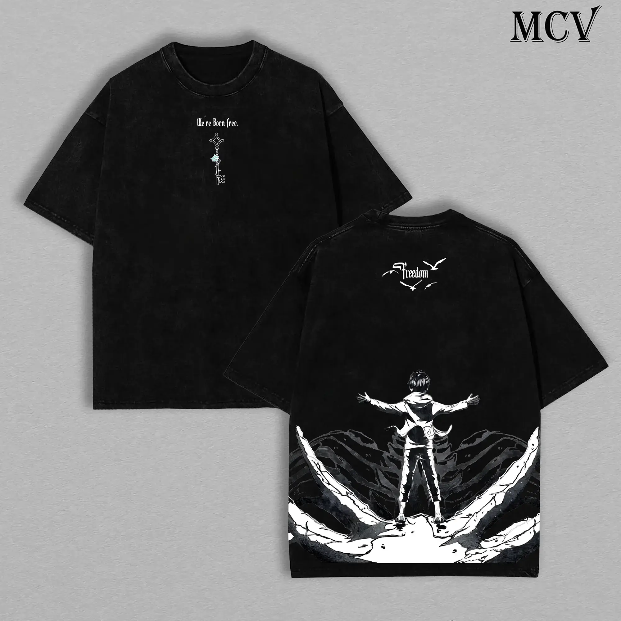 Men's Attack on Titan Vintage Washed Oversize Cotton T-Shirt - Soft Ribbed Seamless Anime Menswear Top Apparel