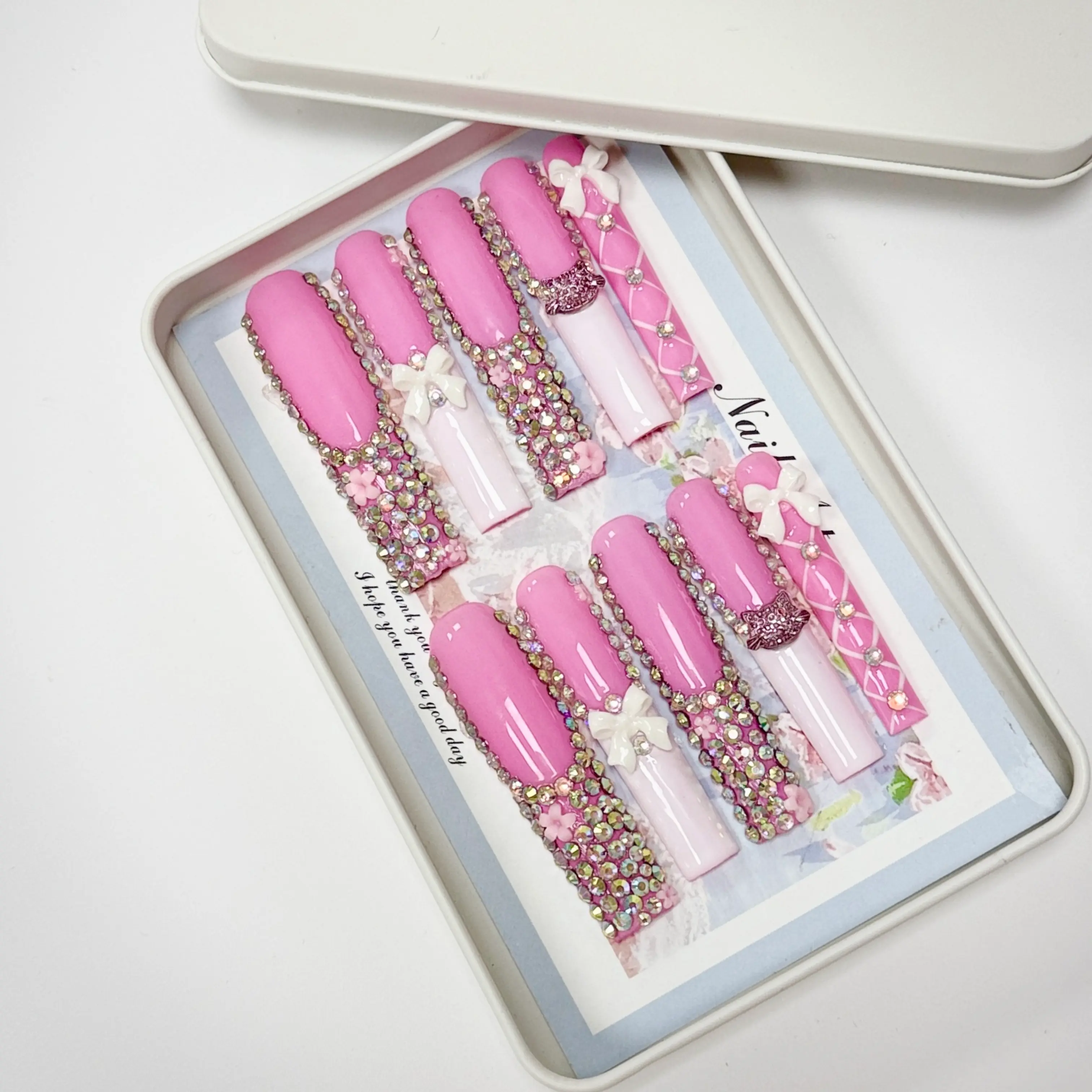 Dreamy Pink Handmade Press-On Nails | Long Square Coffin with 3D Bows, Rhinestones & Lace-up Details | Y2K Cute Fake Nails for Women & Girls