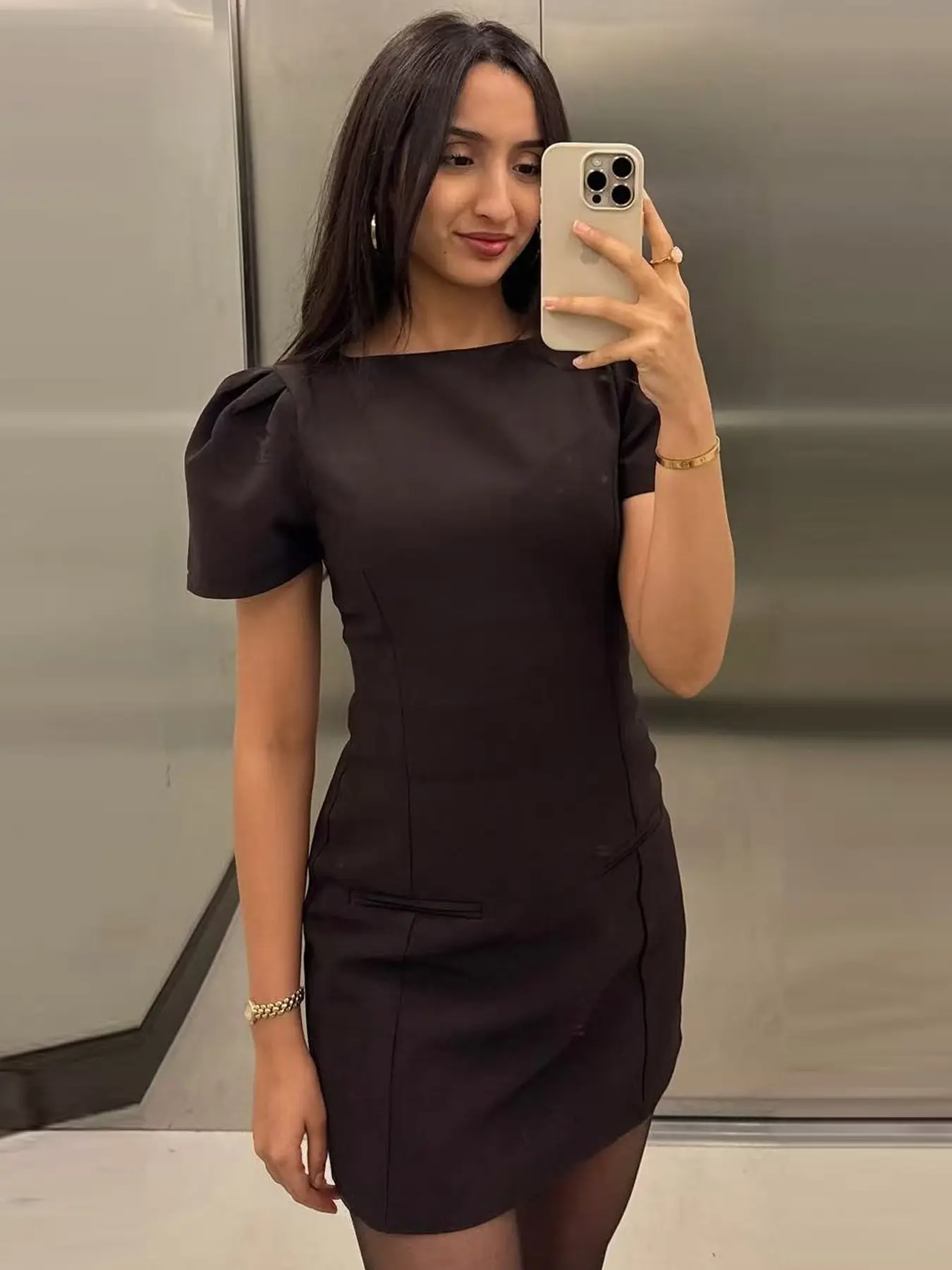 Chocolate Brown Mini Dress Fit Dress Women's Dress Womenswear Summer 2026 Fashion Elegant Chic Puff Short Sleeve O-Neck Round Neck Vestidos Korean Lazy Dresses Perfect For Office Commutes & Brunch Outings Dress