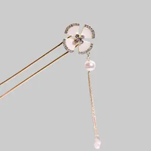BLING EMPIRE Gilded Quatrefoil Kanzashi Hair Pin, Moonlit Petal Cross Motif, Formalwear Accessory with Long Reach and Secure Hold