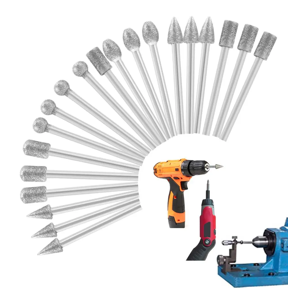 20-Piece Multi-Use Diamond Coated Grinding Burr Set - High-Speed Steel Tools with Varied Shapes, 1/8" Shank, Wear-Resistant for Jewelry & Stone Polishing