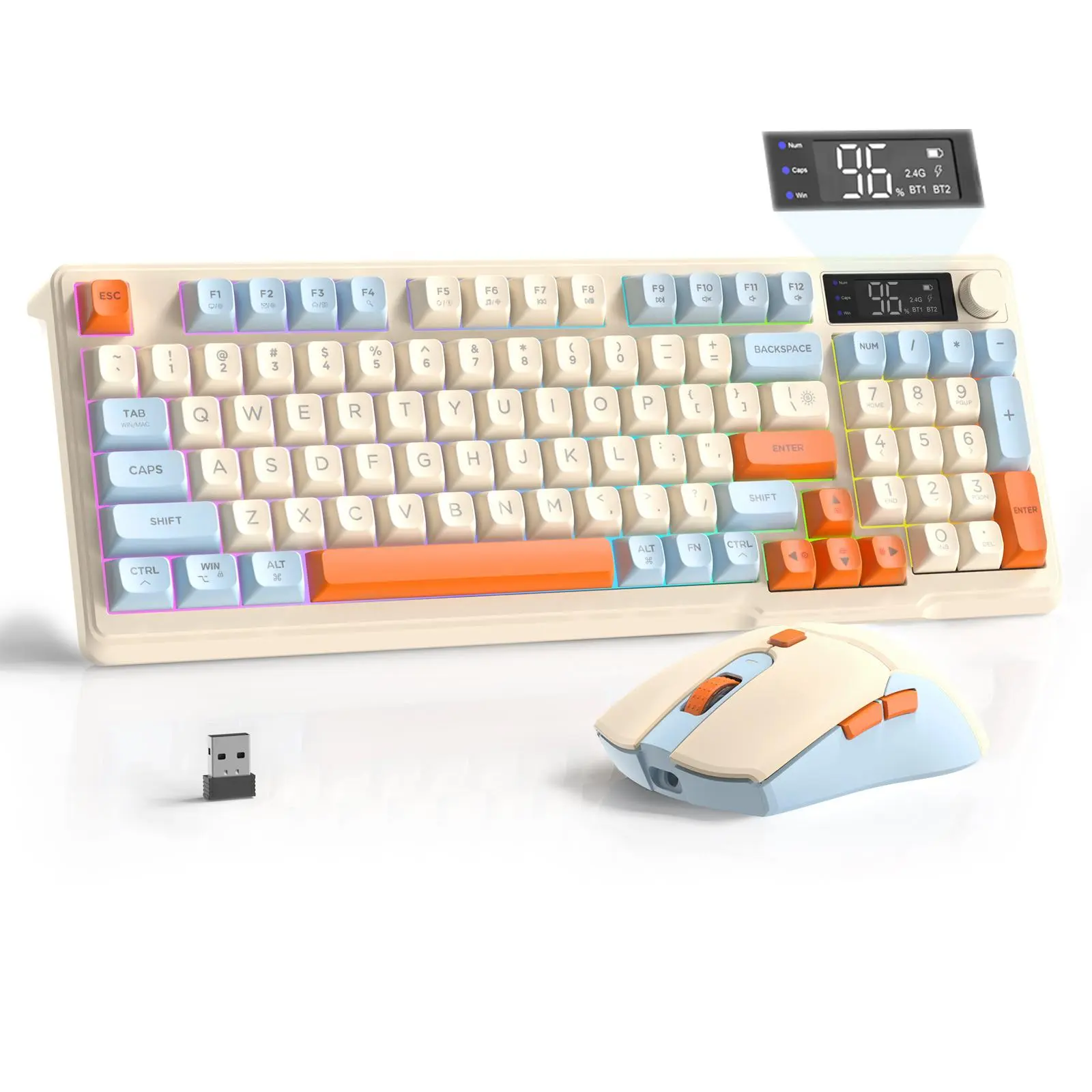 ZIYOU LANG T96 Wireless Gaming Keyboard and Mouse Combo,Dual Bluetooth//2.4G RGB Backlight Keyboard Mechanical Feeling with Smart Display & Knob,4000 DPI Gaming Mouse for PC Accessories Gaming Laptop Mac Wins