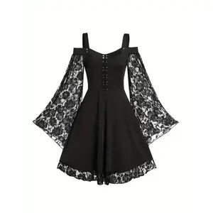 Elegant Gothic Bell Sleeve Dress with Floral Lace Detailing, Black A-Line Mini Dress for Women - Off-Shoulder Design, Polyester, Machine Washable