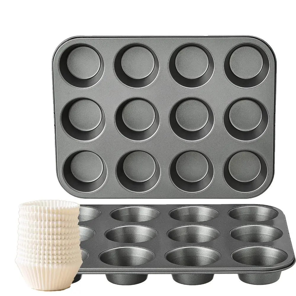 Gray 12-Cup Nonstick Steel Muffin Pan Set - Sturdy, Oven-Safe, Even Baking, Easy to Clean, 13.9x10.55x1.22in, Includes 2 Molds & 200 Baking Paper Cups
