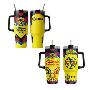 Yellow Mexico Soccer Tumbler 40oz with Handle, Stainless Steel Insulated Cup, Custom Caliente & Corona Design, Keeps Drinks Hot & Cold