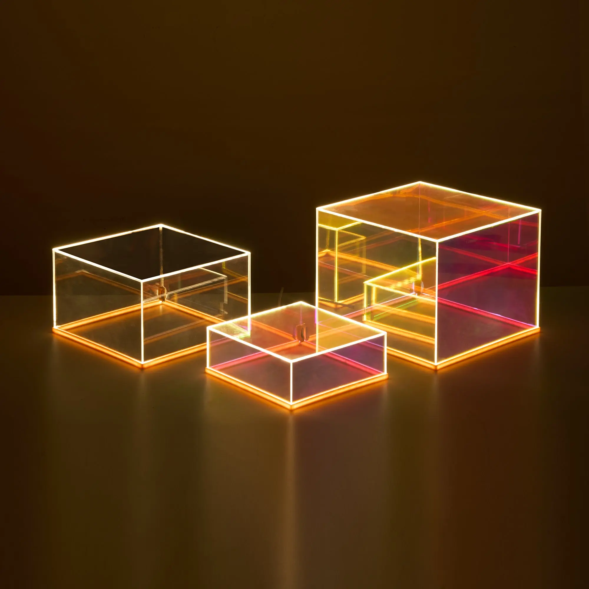 3Pcs Durable Iridescent Acrylic LED Light Display Risers - Stackable Cube Organiser Boxes with Hollow Bottom for Figures, Jewelry, Shoes, Food, Perfume, Crafts