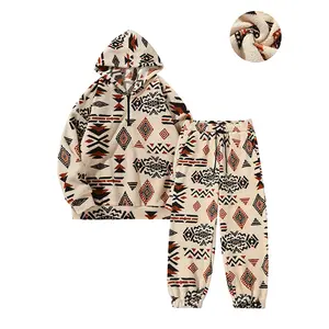 Men's Two-Piece Set Winter Ethnic Style Half Zipper Hooded Sweater with Pants Comfortable Geometric Print Cold Protection Clothing