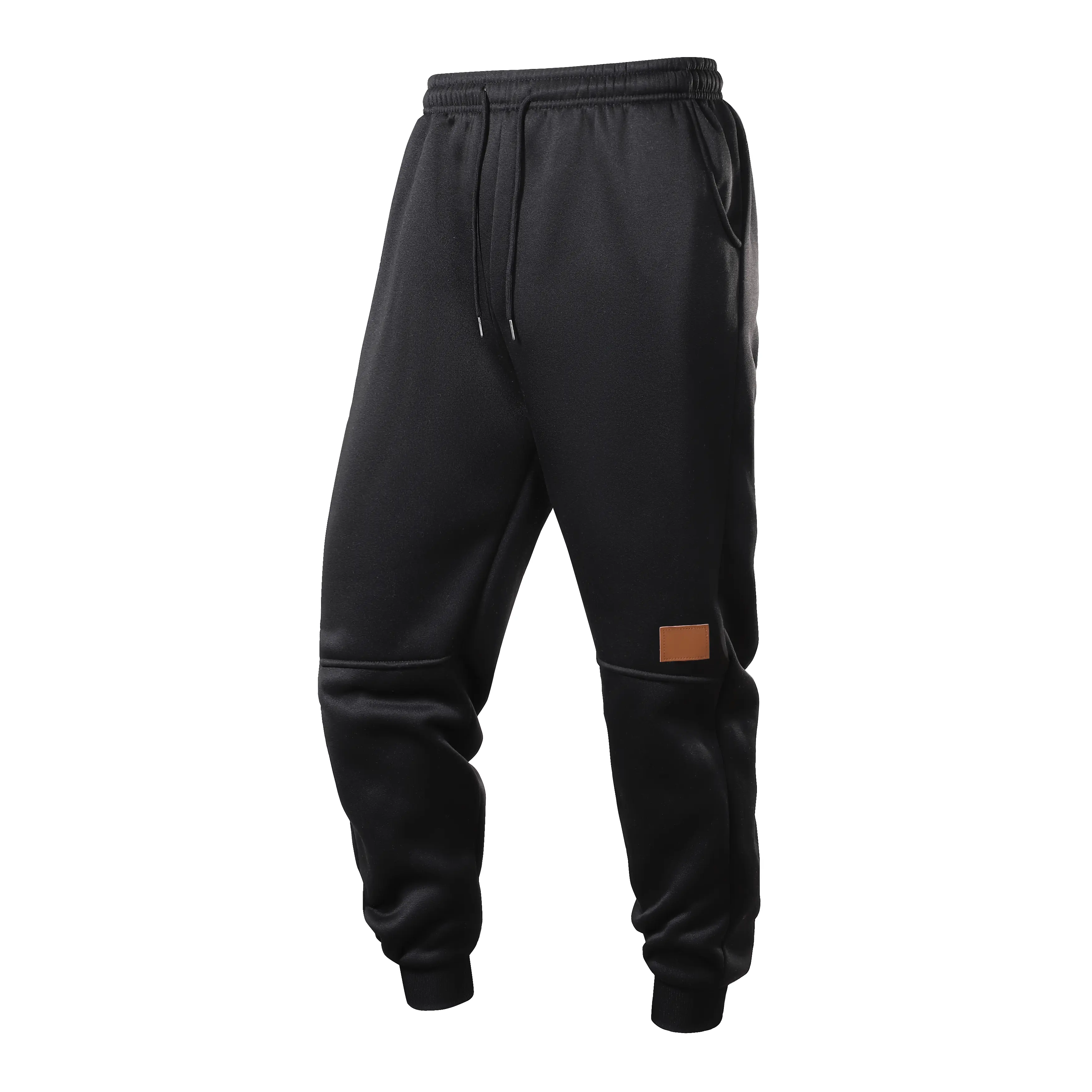 Men's Black Side Patch Leather Label Sports Pants with Elastic Drawstring Waistband + Three-Dimensional Pockets Slim Fit Jogger Casual Trousers Versatile for Daily Training, Sporty Look, Slim Fit Apparel, Elastic Waist