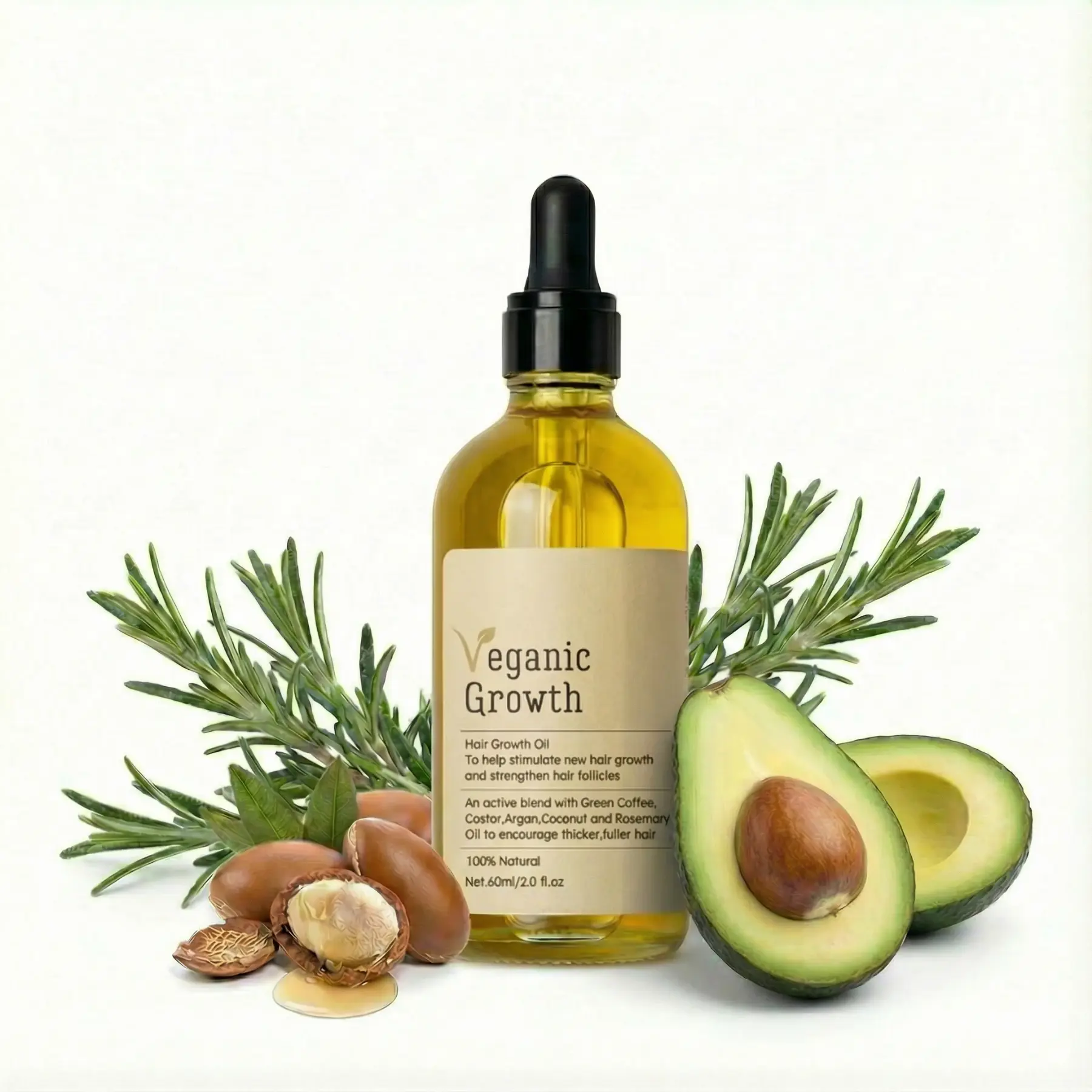 Veganic Growth Hair Growth Oil Rosemary & Castor Blend for Thicker Fuller Stronger Hair 100% Vegan Cruelty-Free Plant-Powered Growth Blend - Haircare