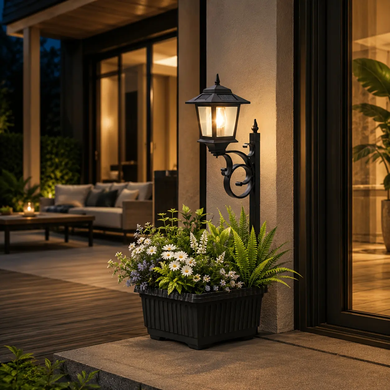 Naturuxa Outdoor Flower Pots for Real or Fake Flowers, Solar Lamp Post Lights - Wall Mount or Freestanding, Waterproof Decorative Lamp for Lawn, Patio, Front/Back Door