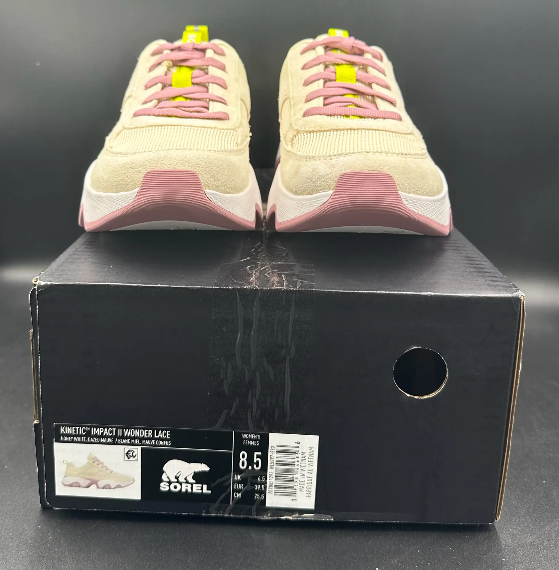 Sorel Kinetic Impact Wonder Lace size 8.5 W Sneaker Honey White, Dazed Mauve Sneakers