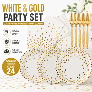 75PCS Paper Plates and Napkins Set, White and Gold Dot Disposable Party Dinnerware with Plates, Napkins and Forks, Serves 25 Guests for 2026 New Year Party, Birthday, Wedding, Holiday Celebration and Elegant Table Decorations