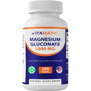 Vitamatic Magnesium Gluconate 1000 mg 180 Vegetarian Tablets Uncoated Supports Muscle Nerve and Heart Health Non GMO Free of Sugar Yeast Wheat Egg Artificial Flavors Preservatives