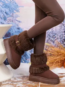 Colorful Plush Lined Boots with Metal Buckle Design, Thick Sole for Comfort & Height Increase, Winter Warmth Meets Fashion Style