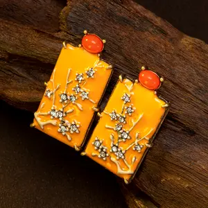 Vintage Chinese Plum Blossom Stud Earrings - Orange Enamel & Crystal Accents
