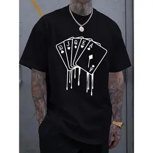 Cotton Men's Royal Blue Casual T-Shirt |   Short Sleeve Summer Tee with Melted Playing Cards Graphic - Machine Washable, Cotton T Shirts for Adults Outdoor Comfort Wear, Boutique Printed Design Crewneck Shortsleeve Fashion Menswear, Streetwear, Tshirt Clo
