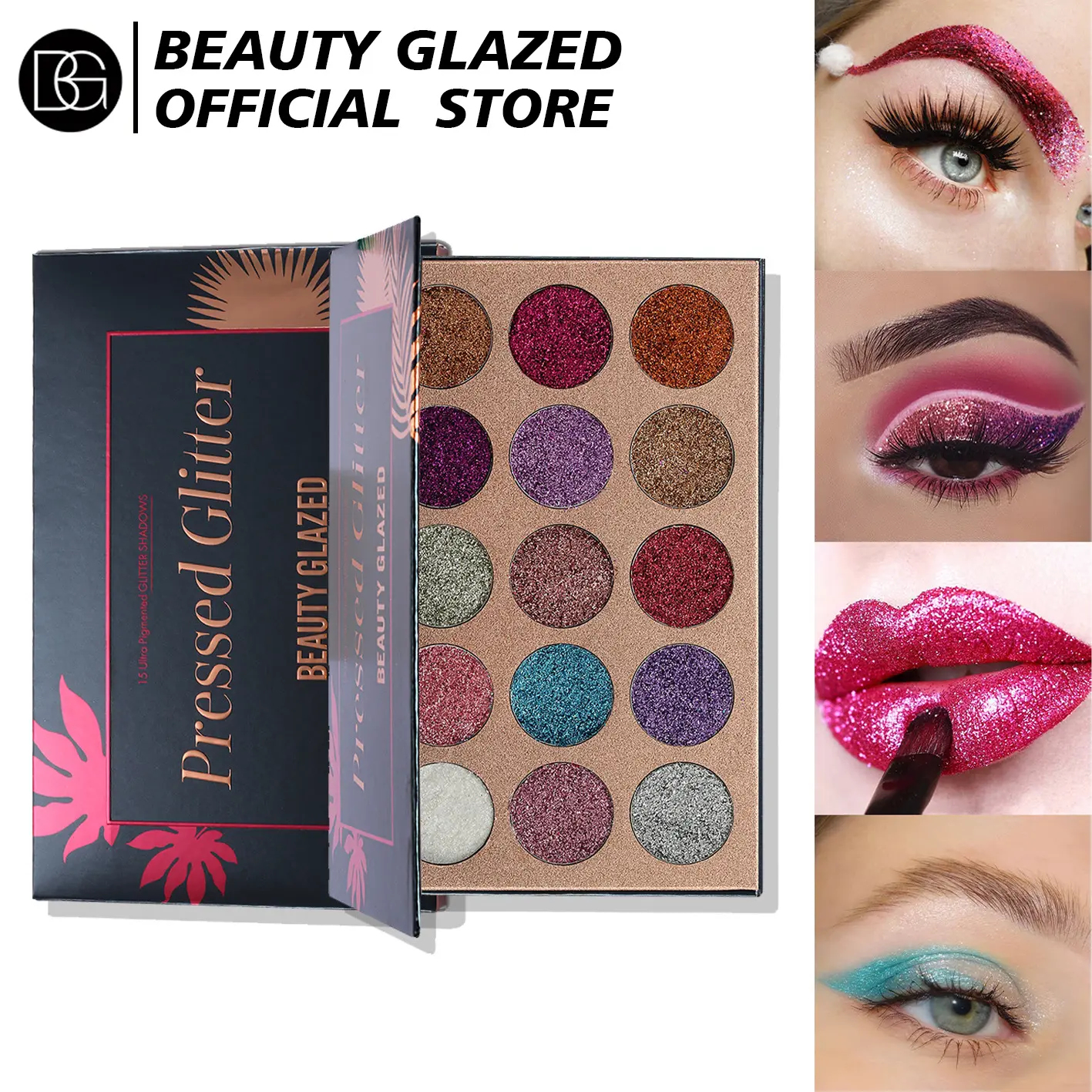 BEAUTY GLAZED Pressed Glitter Eyeshadow Palette, Ultra Pigmented Shimmer Eye Makeup, Long-Lasting Sparkle Glitter for Eyes, Lips & Body, Suitable for All Skin Tones