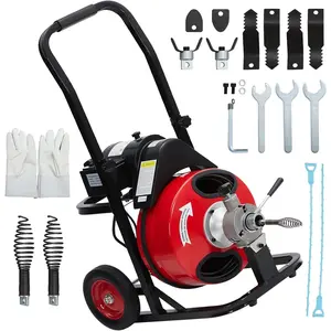 Drain Cleaner Machine , 75 FT x 1/2 Inch Auto Feed Sewer Snake on Wheels, Portable Drain Cleaning Machine with 4 Cutters For Sink & Floor Drain Clogs