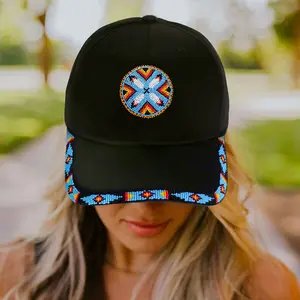 Cotton Unisex Baseball Cap With Beaded Patch Brim Native American Style
