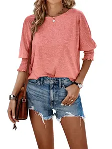 PiePieBuy  Women's 3/4 Sleeve Blouse - Solid Color Crew Neck Shirt | Loose Fit Casual Top Basic Comfort Tshirt Crewneck Womenswear Fitted Streetwear casual outfits women